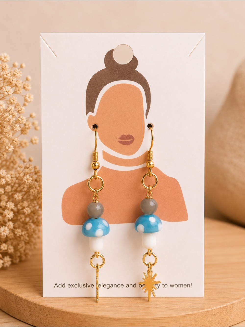 Gold-Tone Blue Mushroom Drop Earrings - Women Jewelry